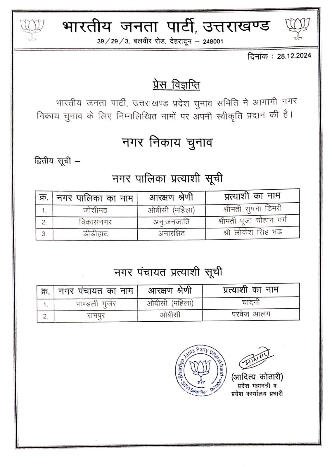 Dehradun. BJP has released the second list of Municipality and Nagar Panchayat candidates.