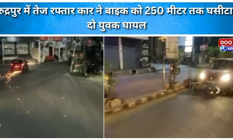 A speeding car dragged a bike for 250 meters in Rudrapur, injuring two youths.