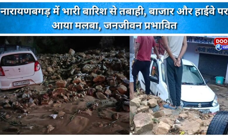 Heavy rain wreaks havoc in Narayanbagar; debris floods the market and highway, disrupting normal life.