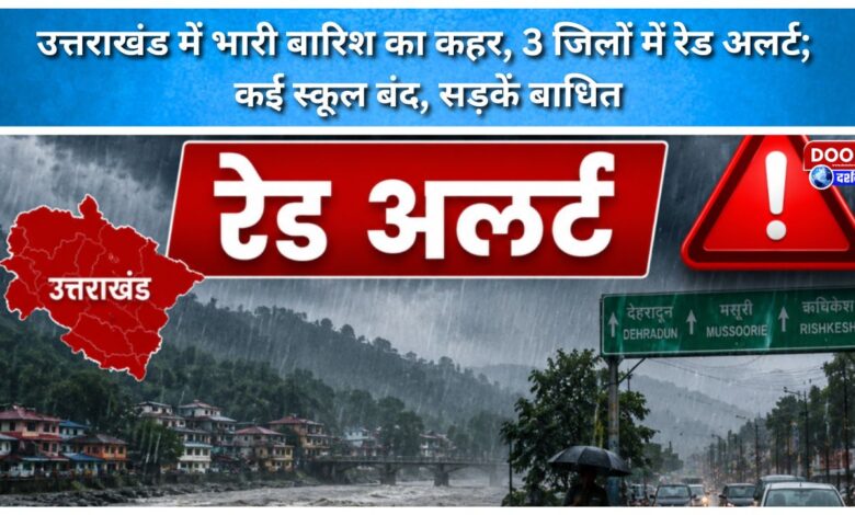 Havoc caused by heavy rains in Uttarakhand; red alert in 3 districts; many schools closed, roads disrupted.