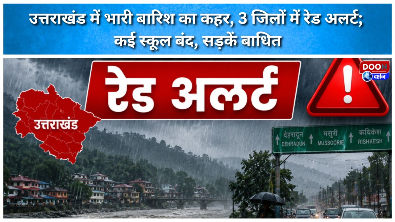 Havoc caused by heavy rains in Uttarakhand; red alert in 3 districts; many schools closed, roads disrupted.