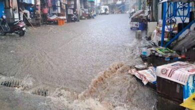 An hour of heavy rain turned roads into streams in Gopeshwar; water entered hotels and shops.